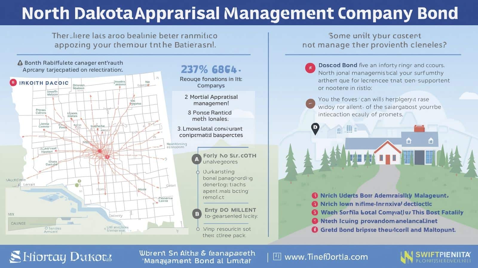 North Dakota Appraisal Management Company bond infographic featuring a state map, compliance notes, and licensing requirements.