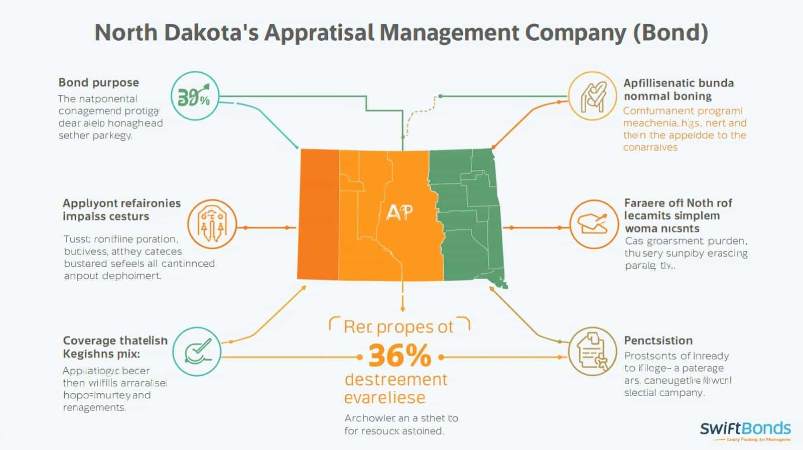 Simplified infographic of North Dakota Appraisal Management Company bond purpose with state outline and key bond details.