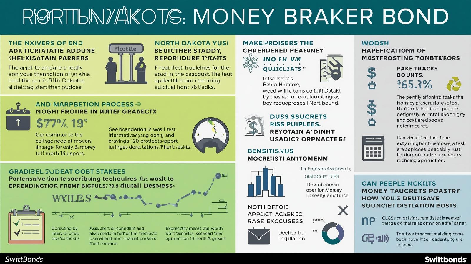 North Dakota Money Broker Bond infographic highlighting approval processes, financial safeguards, and key obligations.