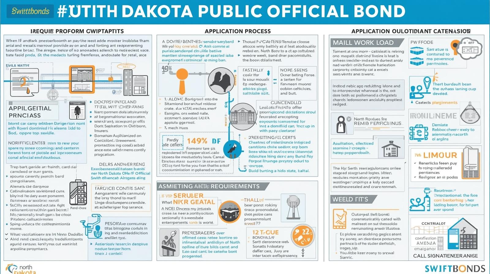Detailed infographic outlining the application process, requirements, and obligations for the North Dakota Public Official Bond.