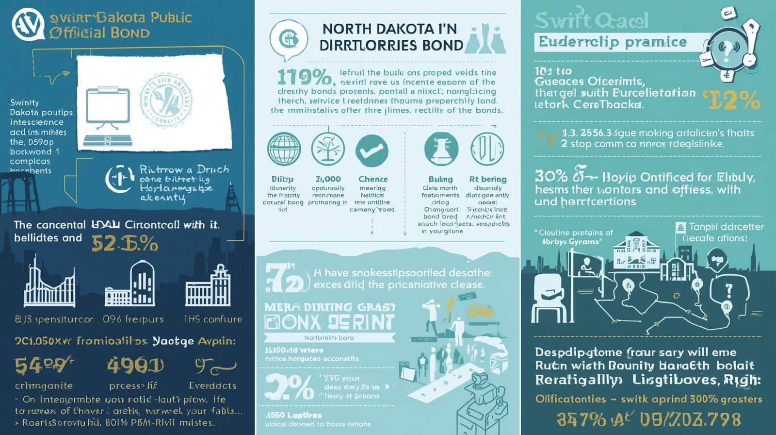 Multi-section infographic showing compliance steps, financial data, and official duties under the North Dakota Public Official Bond.