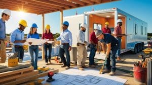 Builders and contractors meeting on a North Richland Hills construction site with mobile offices and blueprints—emphasizing planning, coordination, and bond compliance on active development sites.
