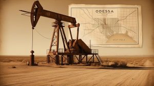 Historic oil pump jack in West Texas with a vintage Odessa, Texas city map in the background, symbolizing the region’s oil industry roots