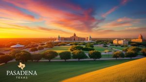 Scenic sunset over downtown Pasadena, Texas with civic buildings and open green space, showcasing the city’s blend of beauty and business opportunity.