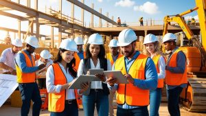 Diverse construction professionals in Pasadena, Texas reviewing project plans on-site, highlighting collaboration and bonding requirements.