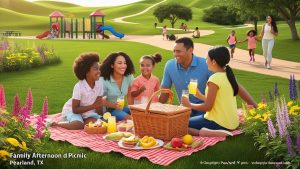 Family enjoying a picnic in a public park in Pearland, Texas with playground and flowers in the background, showcasing community lifestyle near construction zones supported by performance bonds.