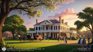 Antebellum-style plantation house in Pearland, Texas with horse-drawn carriages and costumed actors, representing local heritage preserved through regulated development projects secured by performance bonds.