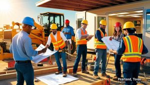 Construction team reviewing blueprints at an active Pearland, Texas job site, emphasizing the role of performance bonds and bid bonds in successful public and private infrastructure projects.