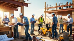 Crew of contractors in Pharr, Texas working on a multi-structure project site with blueprints, equipment, and steel framing in progress.