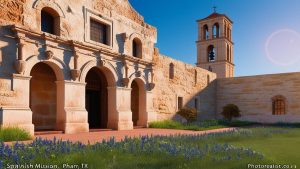 Exterior of a historic Spanish mission in Pharr, Texas, with limestone architecture and a bell tower under a clear blue sky, reflecting the city’s cultural heritage.