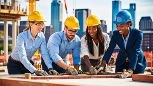 Women engineers and contractors collaborating on a construction site in Pittsburgh, Pennsylvania, emphasizing diversity, leadership, and performance bond compliance in the local industry.