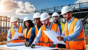 Multiracial construction crew in safety gear reviewing architectural blueprints at a Pittsburgh, Pennsylvania job site—highlighting teamwork and bond-backed project planning.