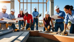 Diverse construction team reviewing blueprints and using tools at an active job site in Plano, Texas, showcasing teamwork and bonding compliance.