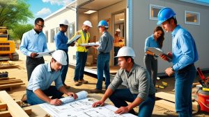 Group of engineers and contractors with hard hats collaborating outside a mobile office at a construction site in Plano, Texas, preparing performance bond documentation.