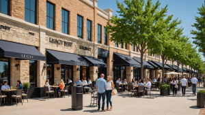 Shoppers and diners enjoying the Legacy West plaza in Plano, Texas, highlighting local commercial development and bond-secured infrastructure.