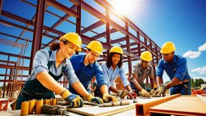 Construction workers assembling structural steel framework under a sunny sky in Rapid City, South Dakota, demonstrating teamwork and skilled labor