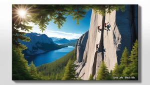 Rock climbers scaling granite cliffs at Sylvan Lake in the Black Hills near Rapid City, South Dakota, with a scenic lake and pine forest in the background 