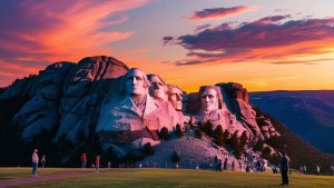 Mount Rushmore National Memorial at sunset near Rapid City, South Dakota, with tourists viewing the iconic presidential sculptures under a colorful sky