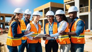 Diverse group of construction professionals in safety vests and hard hats reviewing building plans at a Rapid City, South Dakota job site