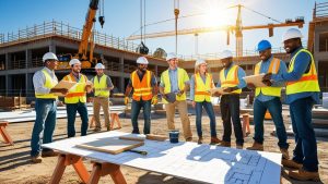 Team of Rock Hill, SC contractors and engineers discussing plans at an active construction site with cranes, blueprints, and unfinished buildings in the background.