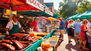 Crowds enjoying a lively food festival in downtown Rock Hill, South Carolina, featuring local barbecue vendors and Southern cuisine under red and green tents.
