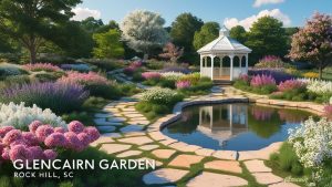 Scenic view of Glencairn Garden in Rock Hill, SC, with colorful spring flowers, a white gazebo, and a serene pond surrounded by walking paths.