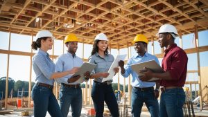 Group of diverse construction professionals in Rock Hill, South Carolina reviewing blueprints and project plans inside a framed building structure.