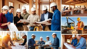 Montage of construction professionals and equipment in Rowlett, Texas, demonstrating teamwork, architecture planning, and development processes.