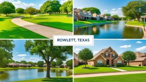 Aerial collage of Rowlett, Texas featuring scenic neighborhoods, walking trails, and lakefront properties with manicured lawns under a clear blue sky.