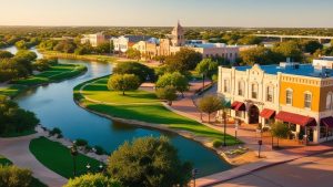 Scenic downtown San Marcos, Texas along the riverfront, showing commercial development potential and areas where performance and payment bonds support city construction projects.

