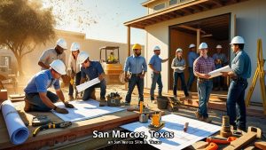 Construction team reviewing blueprints on-site in San Marcos, Texas — demonstrating local demand for fast, reliable performance bond solutions for contractors.

