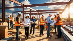 Engineering team coordinating plans at a commercial construction site in State College, PA, highlighting performance bond usage for public infrastructure.