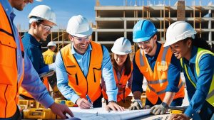 Construction workers reviewing blueprints on a job site in State College, Pennsylvania, showcasing teamwork and performance bond compliance.