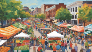 Vibrant farmers market in downtown State College, PA, with vendor tents and crowds, representing a thriving community enhanced by infrastructure built under performance bond protections.