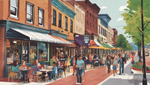 Downtown street scene in State College, Pennsylvania, with locals enjoying cafes and small businesses—reflecting the city’s economic activity supported by bonded construction projects.
