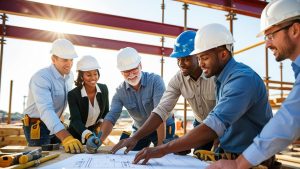 Diverse group of construction professionals reviewing blueprints at a job site in Sumter, South Carolina, showcasing teamwork and performance bond compliance.