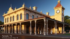 The restored Victorian-style train station in Temple, Texas, featuring arched windows, ornate ironwork, and a tall clock tower at golden hour.