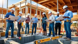 A diverse team of construction professionals in Temple, Texas reviews blueprints at a commercial building site surrounded by wooden framing and tools.
