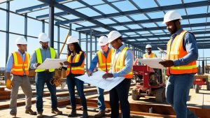 Texas City, Texas construction crew on-site under steel framing – an example of real-world applications of construction payment and performance bonds


