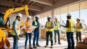 Texas City, Texas contractors and engineers discussing construction plans inside a commercial building site – emphasizing the role of performance bonds in private development

