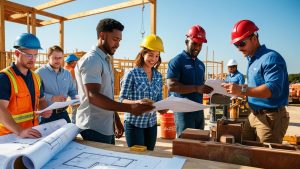 Team of contractors and architects collaborating on construction site plans in The Colony, Texas under clear skies and active job site conditions