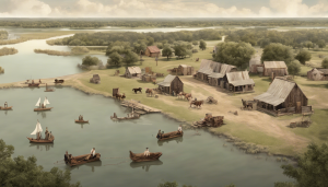 Historical rendering of early settlers and riverfront development in The Colony, Texas showing cabins, horses, boats, and pioneer-era community life