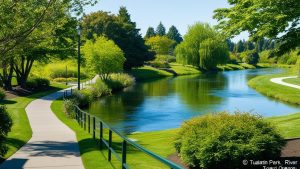 Peaceful walking path along the Tualatin River in Tualatin Park, Tigard, Oregon, surrounded by green trees and manicured landscaping on a sunny day.