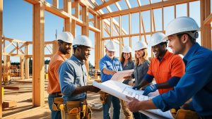 Group of contractors and builders in hard hats collaborating over construction plans at a residential wood-framed project in Tigard, Oregon.