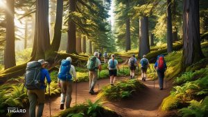 Group of hikers walking through a lush green forest trail in Tigard, Oregon, showcasing the city’s natural outdoor recreational opportunities.