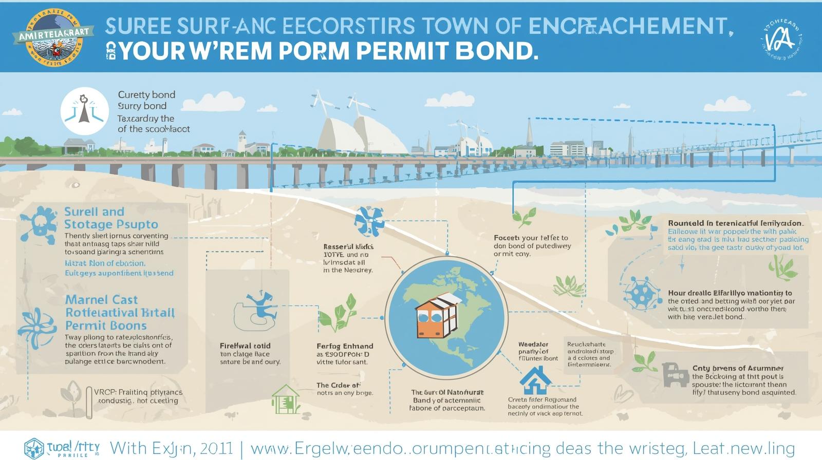Coastal infographic showing the Surf City, NC encroachment permit bond with shoreline, bridge, and regulatory details.