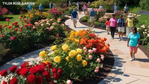 Visitors walking through colorful rose bushes at the Tyler Rose Garden in Tyler, Texas, showcasing the city’s local charm and landscaping beauty.
