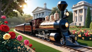 A vintage steam train passing by historic buildings and blooming roses in downtown Tyler, Texas, representing the city’s blend of tradition and progress.