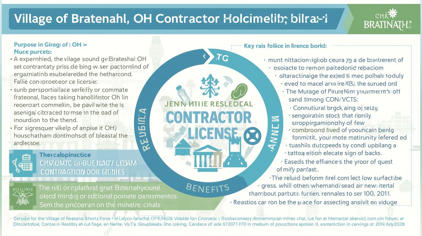 Infographic explaining the Village of Bratenahl, OH Contractor License Bond with sections on purpose, requirements, and compliance.