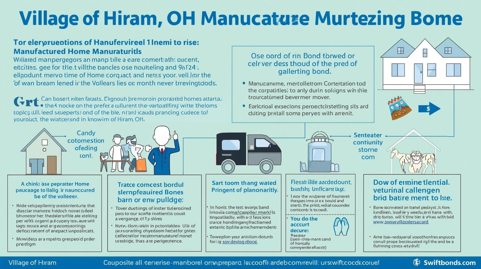 Light blue infographic on Hiram, OH Manufactured Home Mover Bond showing regulations, obligations, and bond conditions.